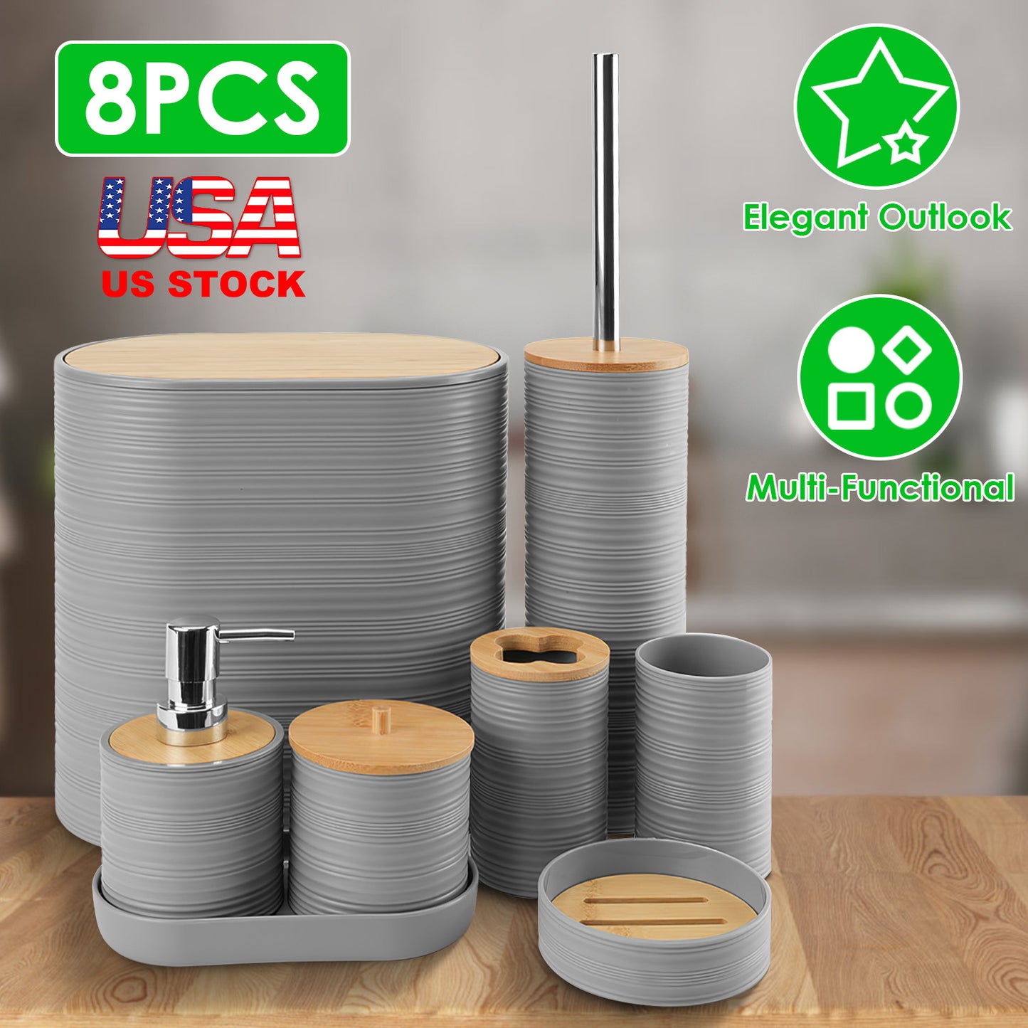 8Pcs Bathroom Accessories Set Bathroom Holder Set with Soap Dispenser Toothbrush Holder Cup Soap Dish Toilet Cleaning Brush Trash Can Qtip Holder Vani