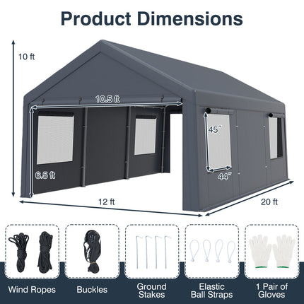 Portable Garage 10x20 FT with Dual Doors and Mesh Windows