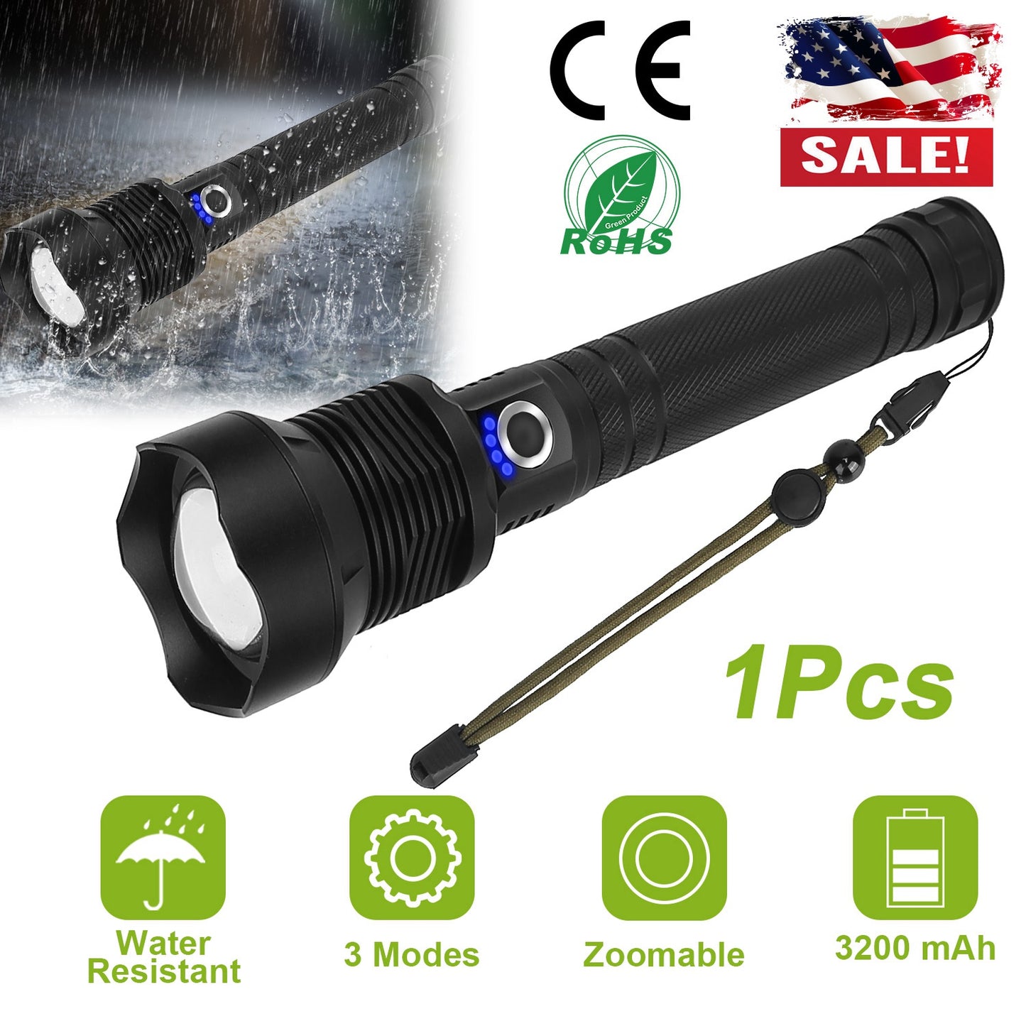 LED Tactical Flashlights 30000LM USB Rechargeable Flashlight Water-Resistant Zoomable LED Torch w/ 3 Modes SOS 3200mAh Battery Handheld Flashlights fo