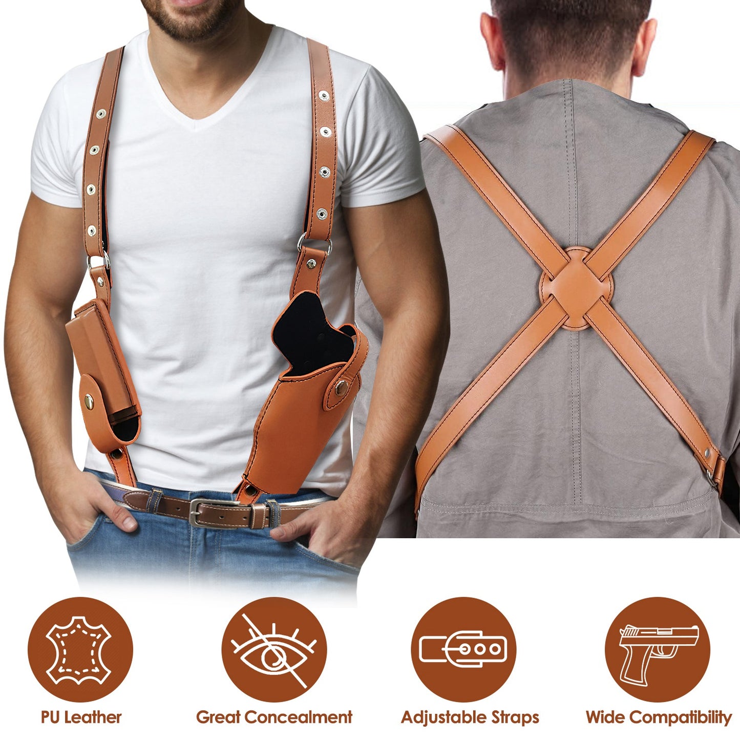 Shoulder Holster With Adjustable Straps Magazine Holder Vertical PU Leather Gun Holster For Concealed Carry Fit For M1911 Glock Sig Sauer