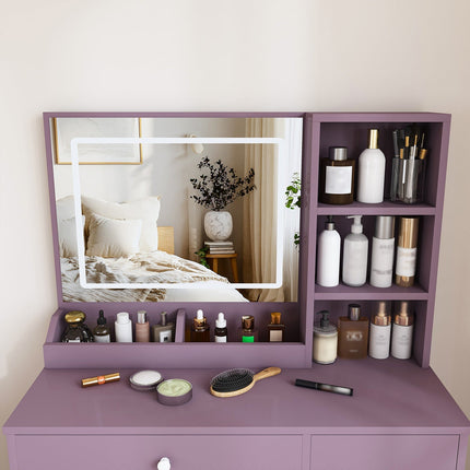 Purple Vanity Desk with Lighted Mirror & Padded Stool