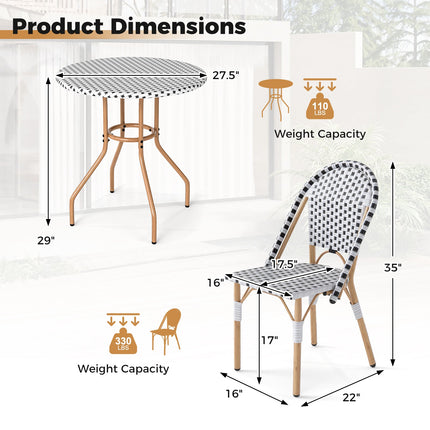 3 Piece French Bistro Table Chair Set with Outdoor Wicker Round Table and 2 Dining Chairs