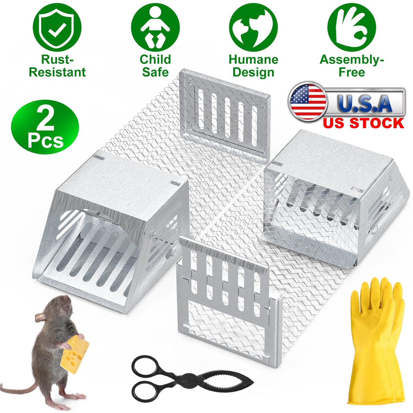 2Pcs Humane Mouse Trap Cage No Assembly Need Automatic Continuous Rat Trap with Single Way Door Reusable Catch And Release Live Cage Trap for Rodents