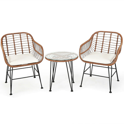 3-Piece Rattan Bistro Set with Cushions and Glass Table
