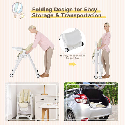 Baby Convertible Folding Adjustable High Chair with Wheel Tray Storage Basket