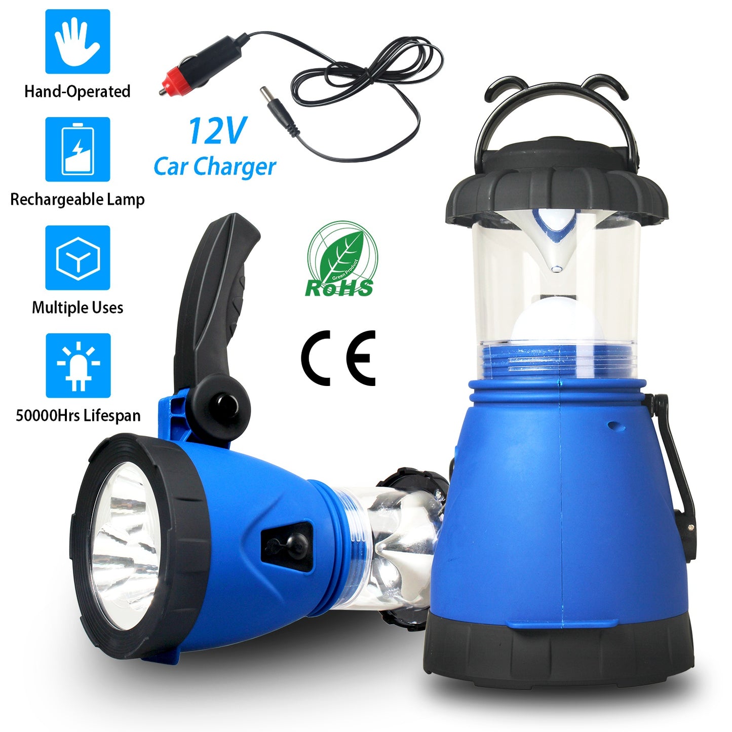 Camping Light Hand Crank Hiking Emergency Spotlight Lantern Lamps w/ Car Charger