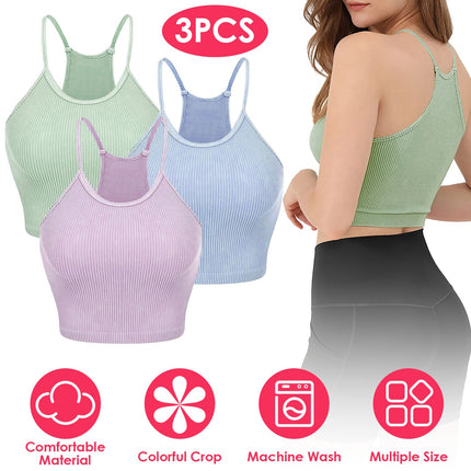 3 Pack Women Crop Basic Tank Top Ribbed Knit Sleeveless Round Neck 9 Color Machine Wash Summer Crop S to XL