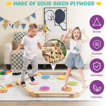 12-Piece Kids Wooden Balance Beam with Colorful Steeping Stones