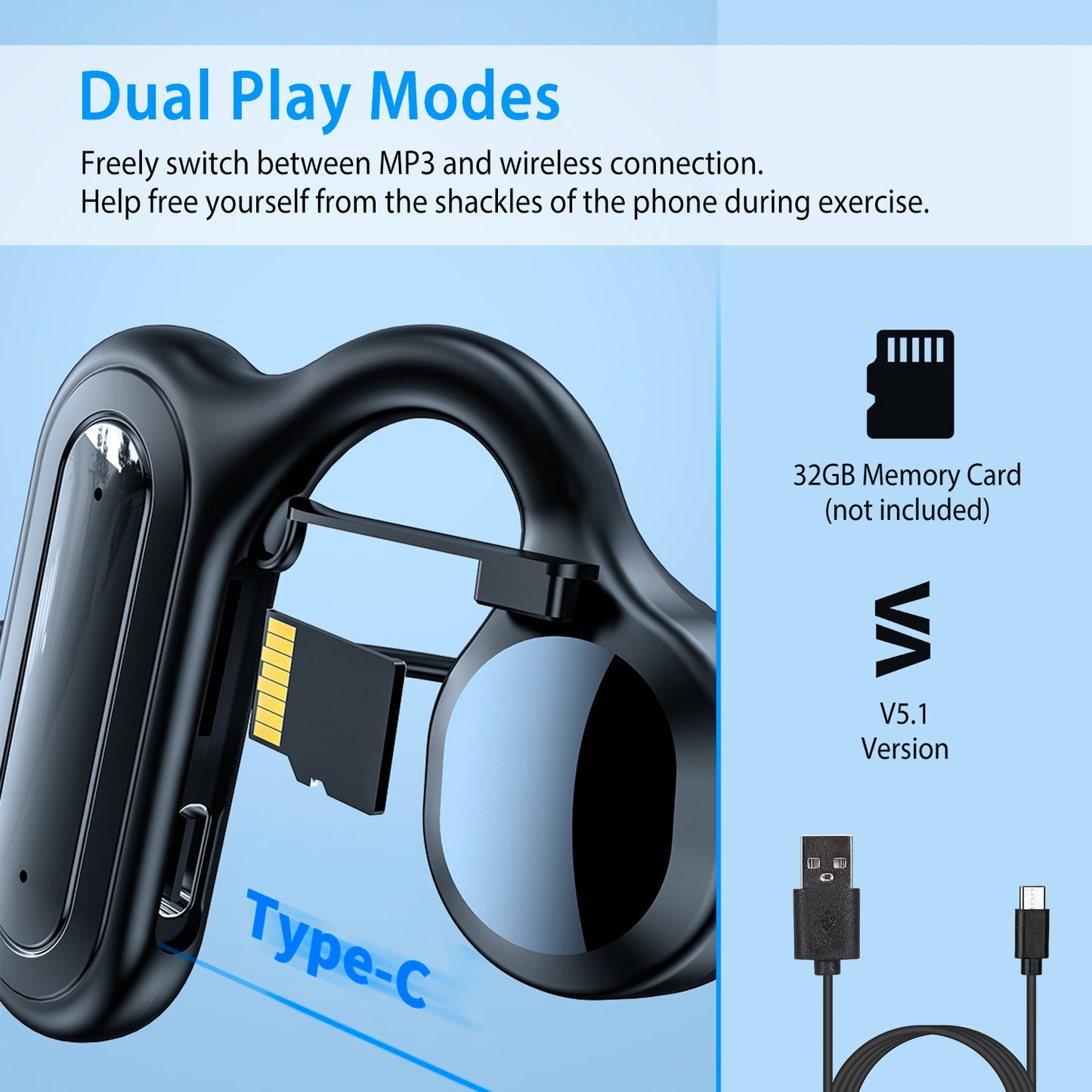 V5.1 Wireless Bone Conduction Headphone Open Ear Sports Wireless Headset w/ Mic IPX5 Sweatproof MMC Card Support