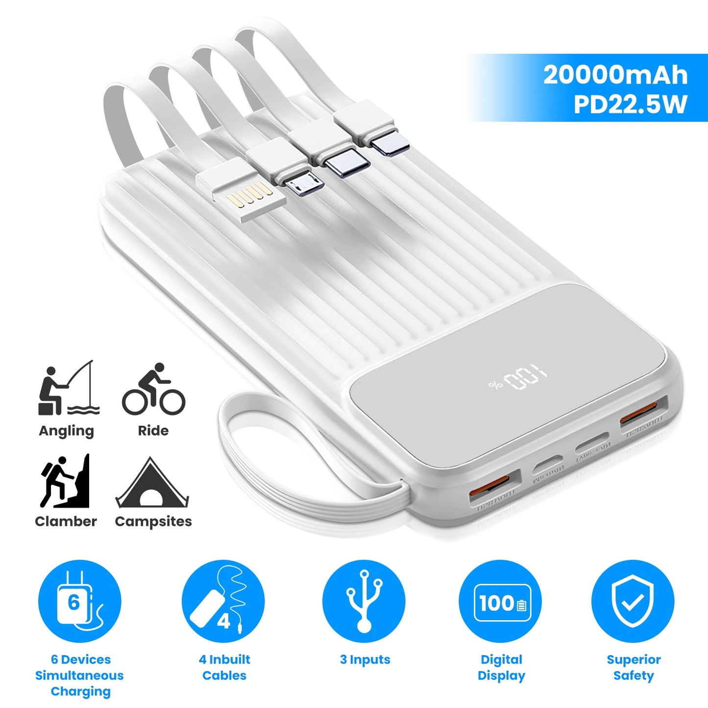 PD22.5W Fast Charger 20000mAh Fast Charging Power Bank Portable Charger with 4 Inbuilt Cables Digital Display Handle Fit For IOSPhone 15/14 Android An