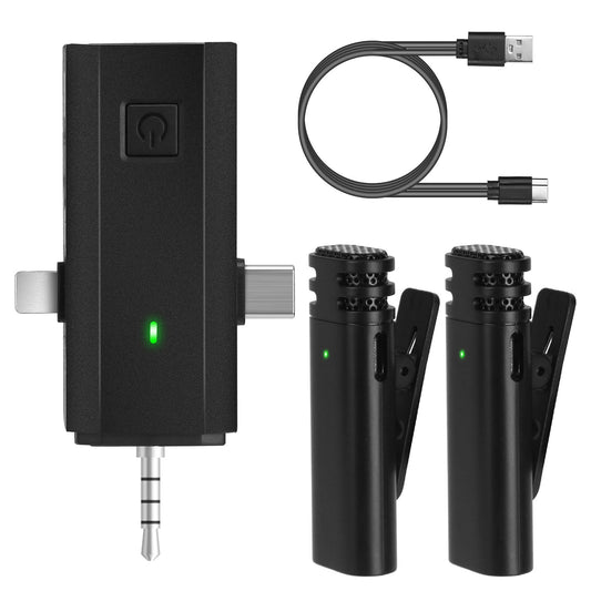 2 Pack 3 in 1 Wireless Clip On Microphone Omnidirectional Mic Noise Reduction Plug and Play 65.6FT Transmission Type-C IOS PC Video Record Interview V