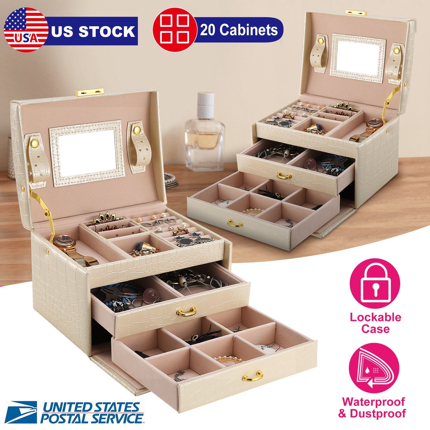 Jewelry Case Organizer 3-layer Lockable Travel Jewelry Box PU Leather Storage Display Case with Mirror Protective for Bracelets Earrings Rings Necklac