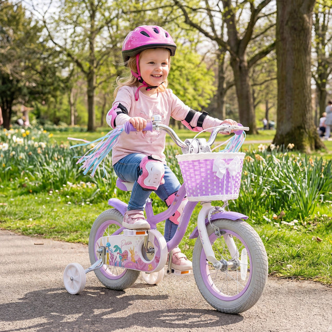 Kids Bike 12-20 Inch with Training Wheels & Basket Purple