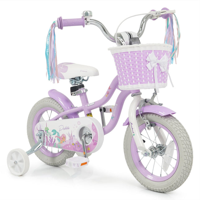 Kids Bike 12-20 Inch with Training Wheels & Basket Purple