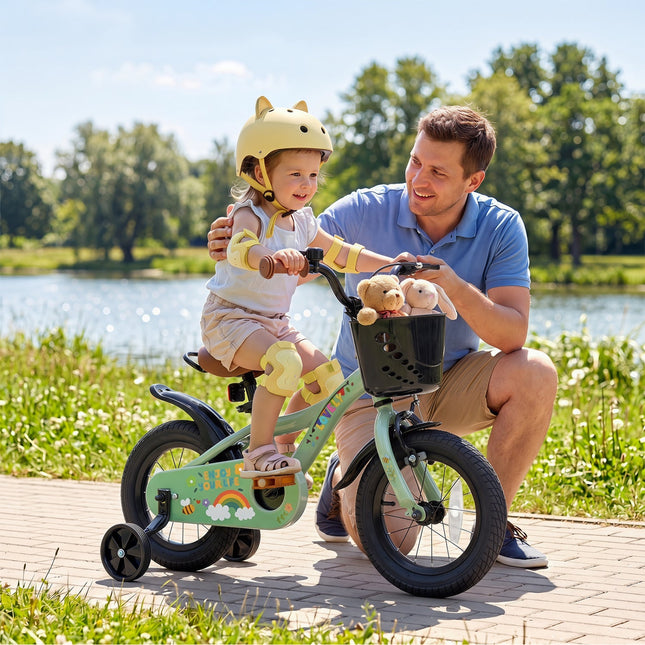 Girls Bike 12 Inch with Training Wheels and Basket - Green