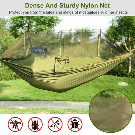 600lbs Load 2 Persons Hammock w/Mosquito Net Outdoor Hiking Camping Hommock Portable Nylon Swing Hanging Bed w/ Strap Hook Carry Bag