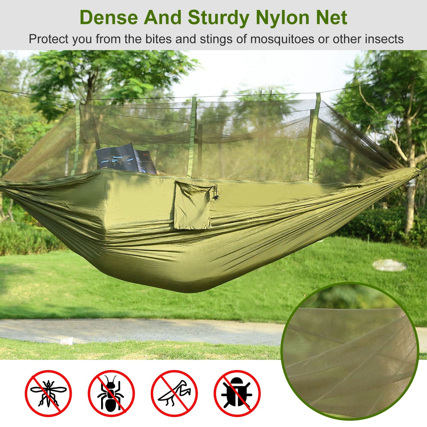 600lbs Load 2 Persons Hammock w/Mosquito Net Outdoor Hiking Camping Hommock Portable Nylon Swing Hanging Bed w/ Strap Hook Carry Bag