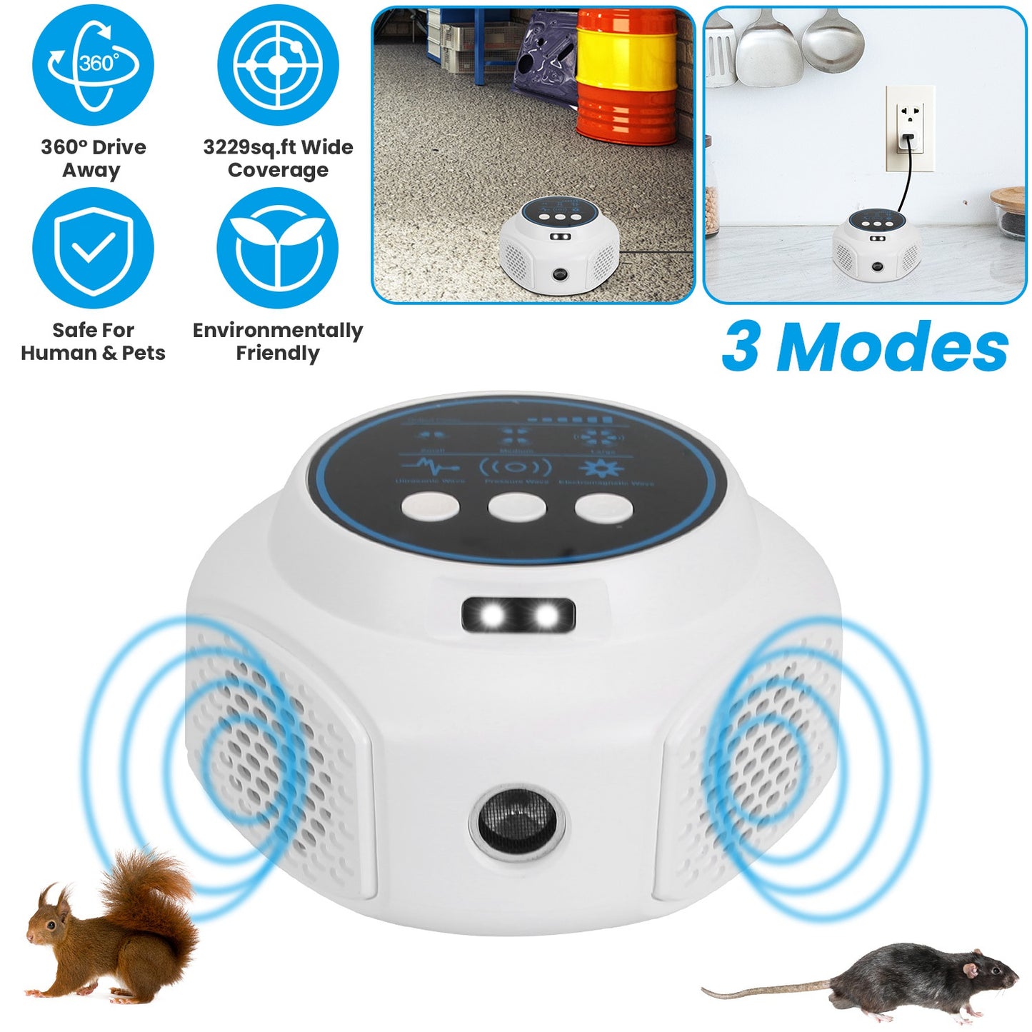 360¡ Ultrasonic Mice Repellent Indoor Rodent Repeller Rat Squirrel Rodent Chaser with 3 Modes 2 Strobe Lights for Kitchen Warehouse