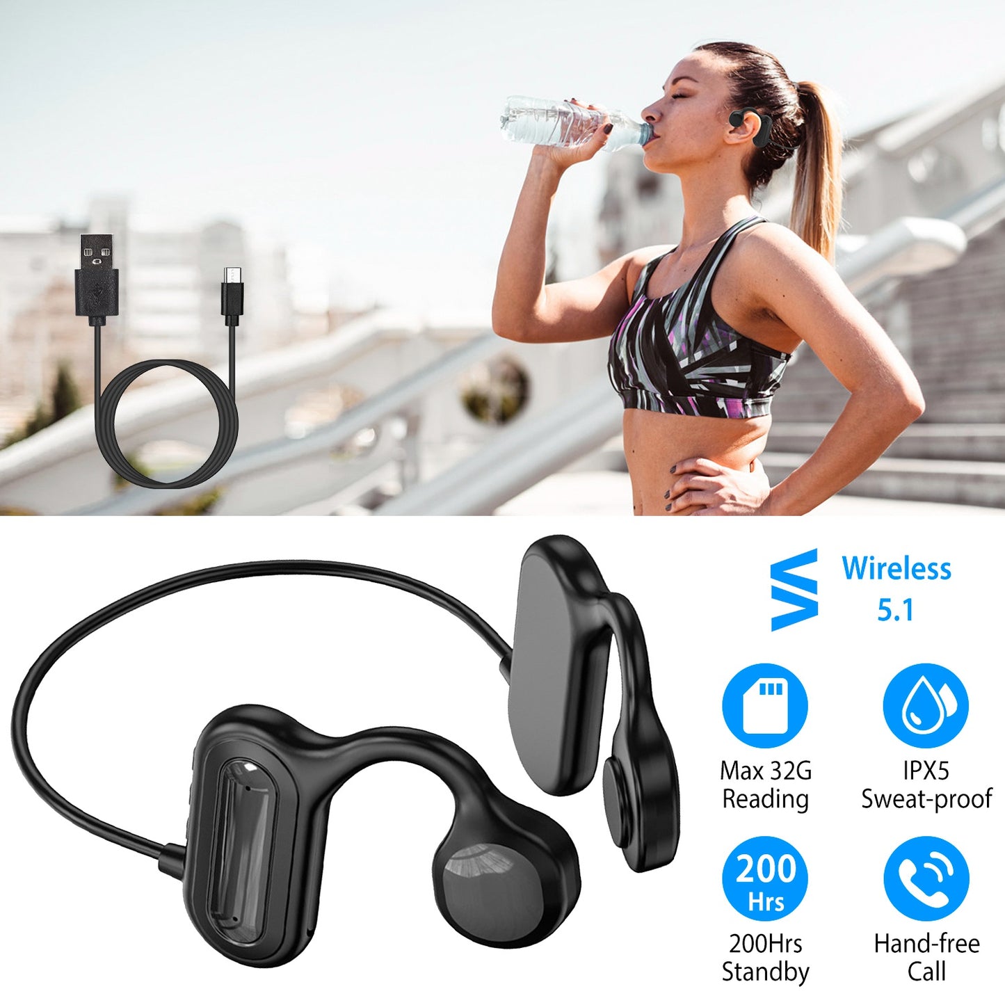 V5.1 Wireless Bone Conduction Headphone Open Ear Sports Wireless Headset w/ Mic IPX5 Sweatproof MMC Card Support