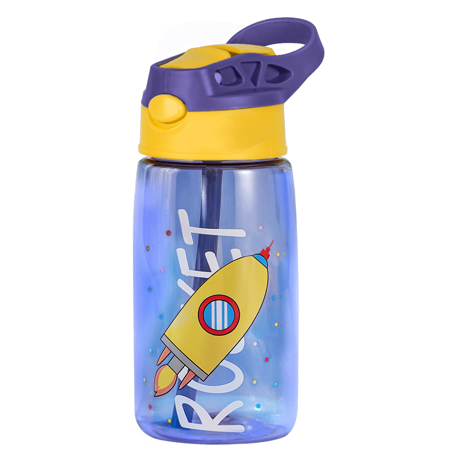 16.2Oz Leak-proof Kids Water Bottle with Straw Push Button Sport Water Bottle for Kids Crab Ship Jellyfish Rocket