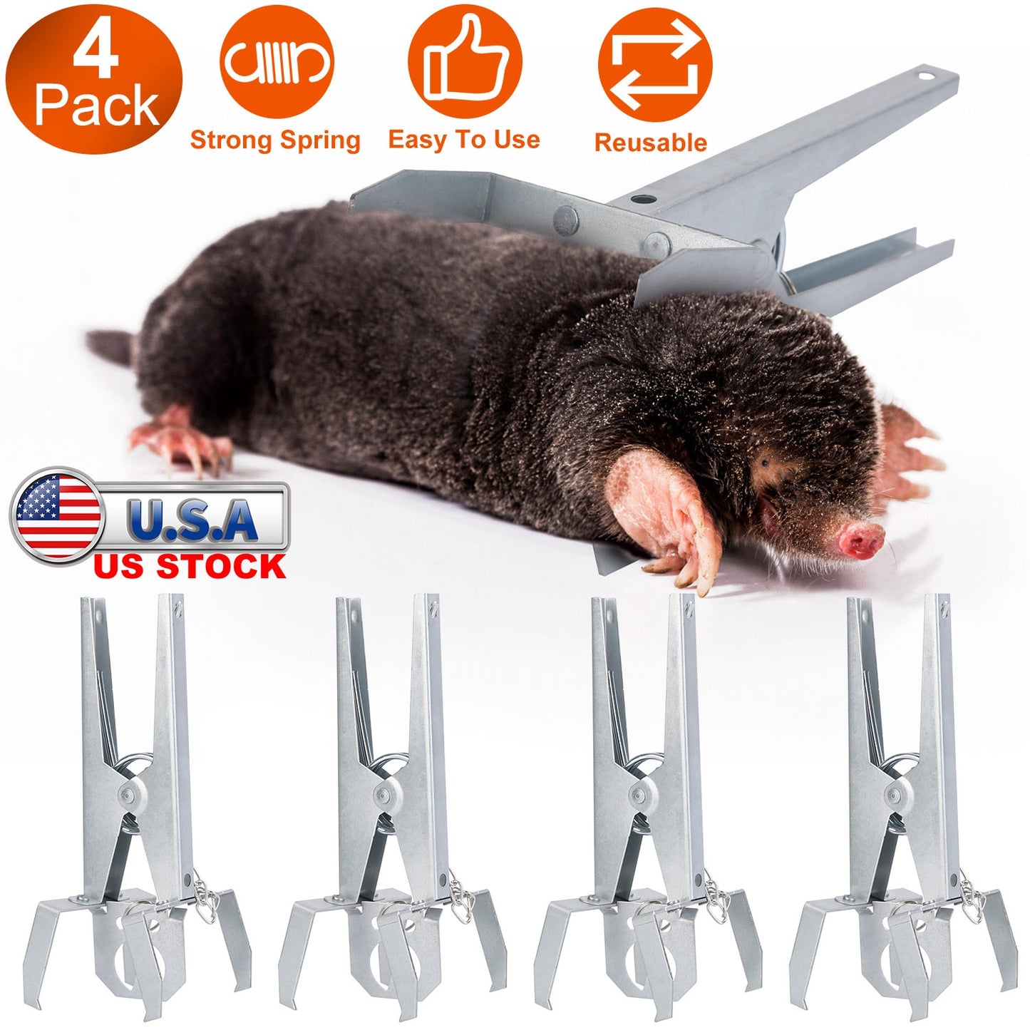 4Pack Reusable Mole Traps with Scissor Jaw Mole Killers Effective Mole Clips for Vegetable Shed Field Garden Yard