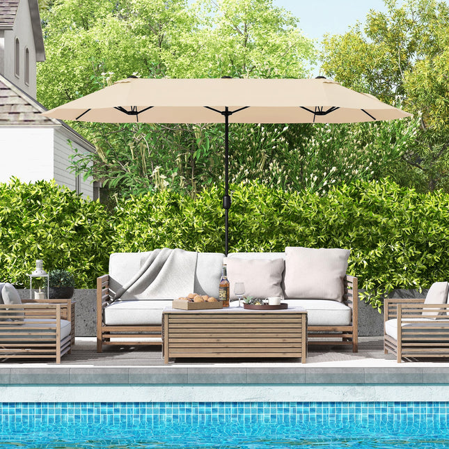 13FT Double-sided Patio Twin Table Umbrella with Crank Handle-Tan