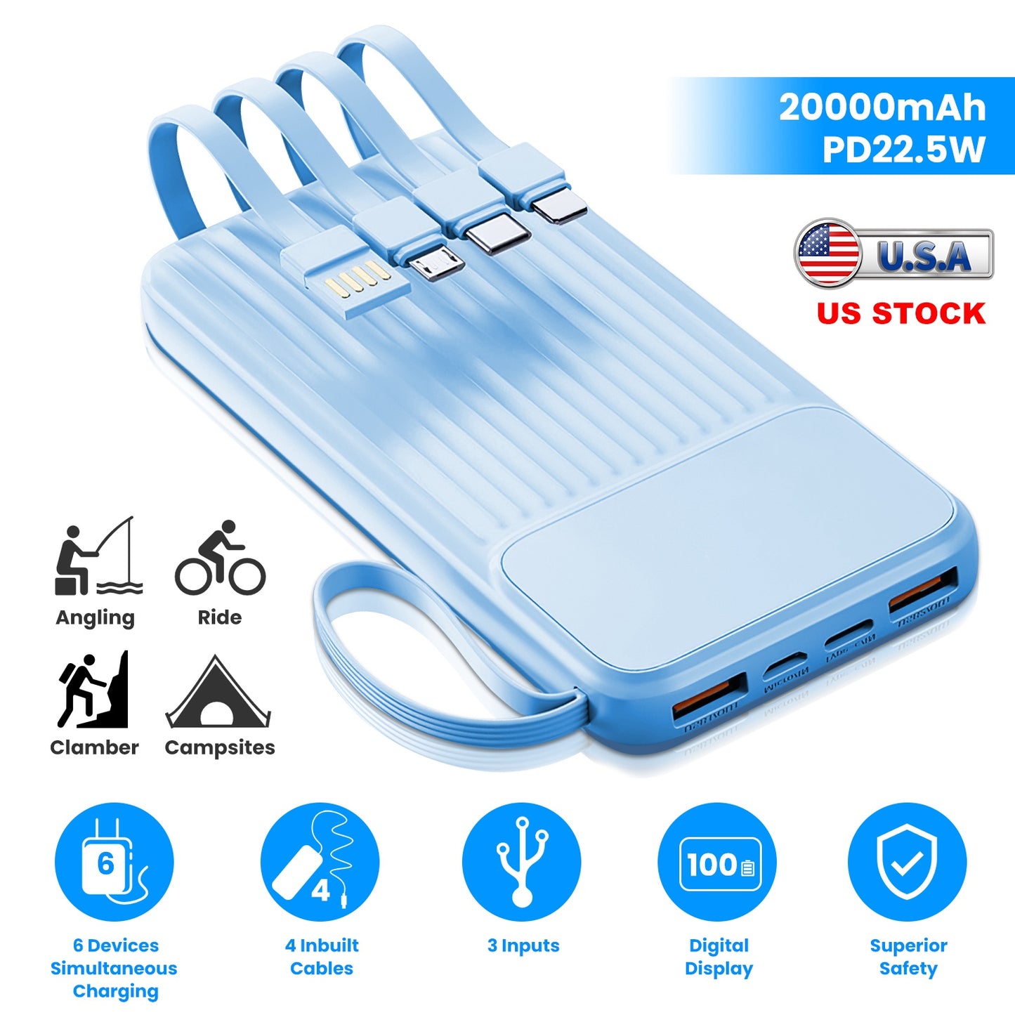 PD22.5W Fast Charger 20000mAh Fast Charging Power Bank Portable Charger with 4 Inbuilt Cables Digital Display Handle Fit For IOSPhone 15/14 Android An