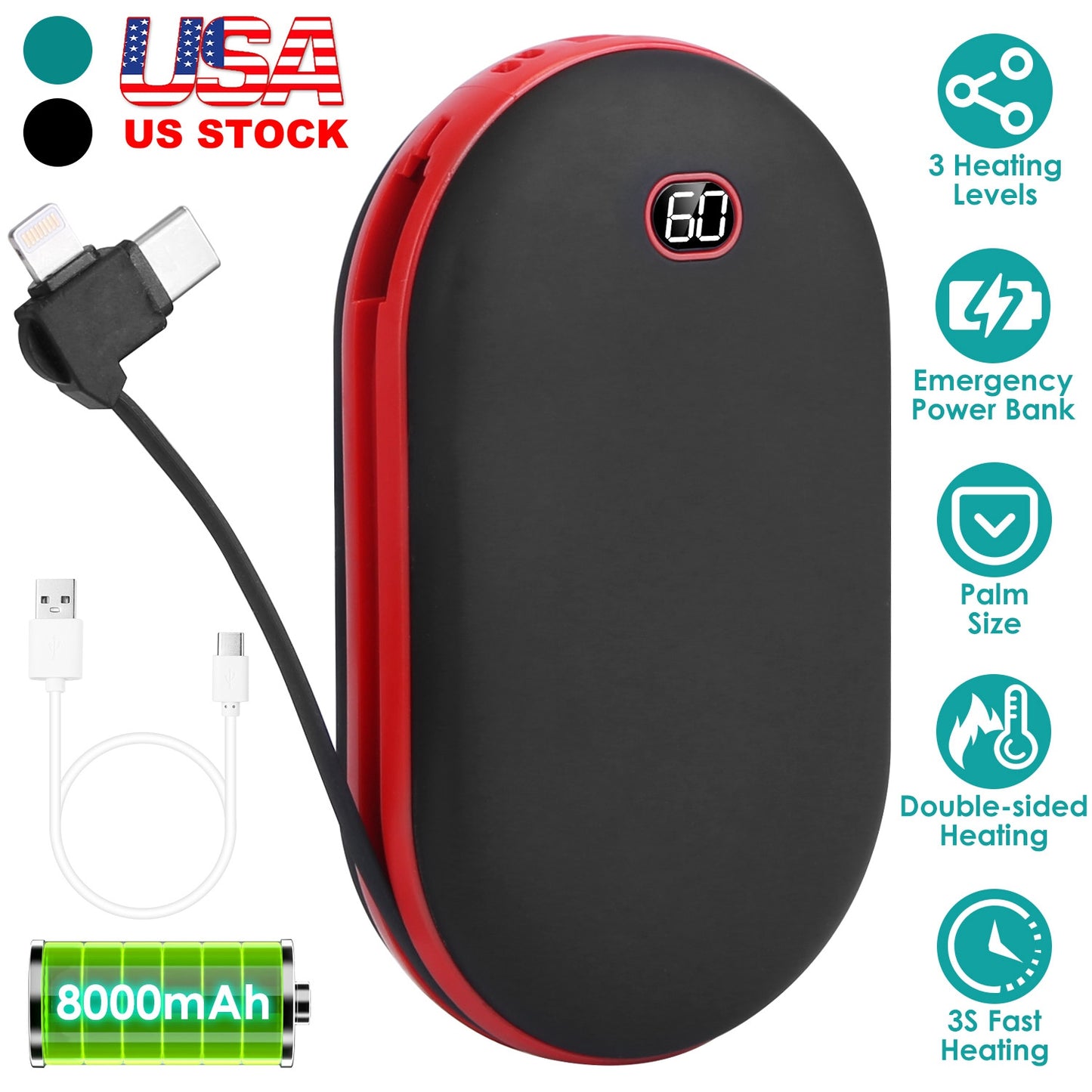 8000mAh 2 In 1 Electric Hand Warmer Rechargeable Hand Heater Portable Pocket Warmer with Power Bank 3 Heating Levels Digital Display Double-sided Heat