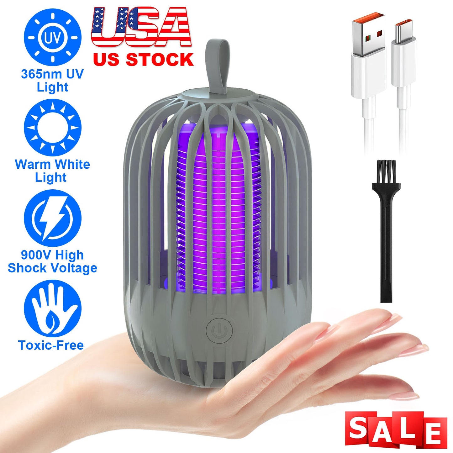 900V High Voltage Cordless Indoor Bug Zapper Type C Rechargeable Mosquito Lamp Trap Portable Electric Mosquito Killer with Hanging Strap Night Light f