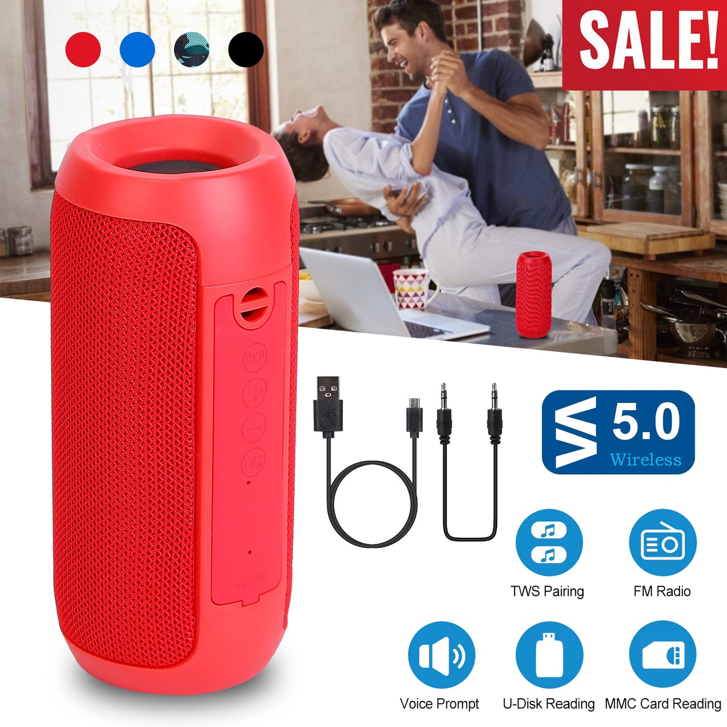 Wireless Speaker Portable TWS Music Speaker IPX5 Waterproof Outdoor Stereo Audio Speaker Support U Disk/MMC Reading FM