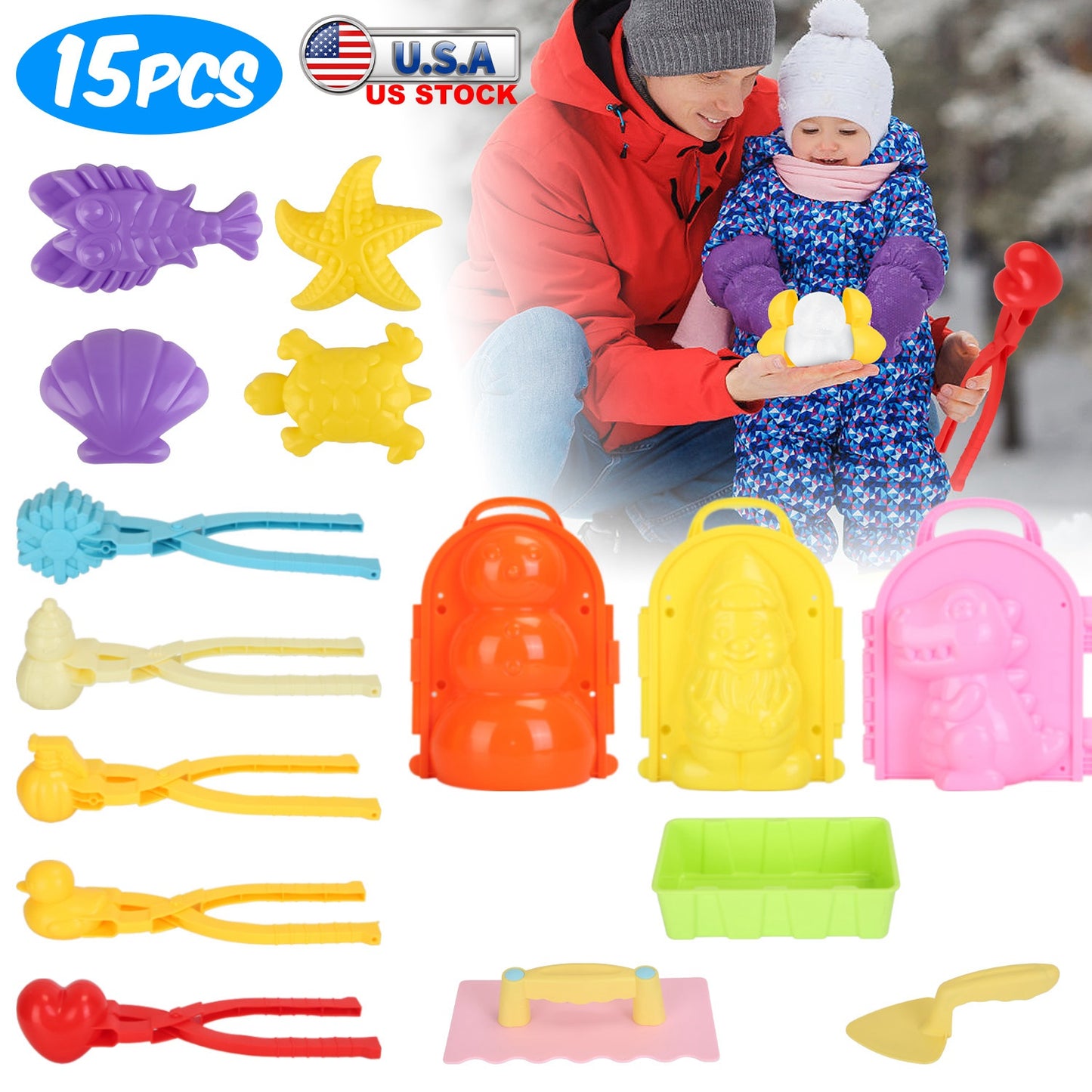 15Pcs Winter Snowball Tool Kit Kids Snow Molds Outdoor Snow Beach Toys for Kids Toddlers Adults Snowman Snowflake Duck Dinosaur