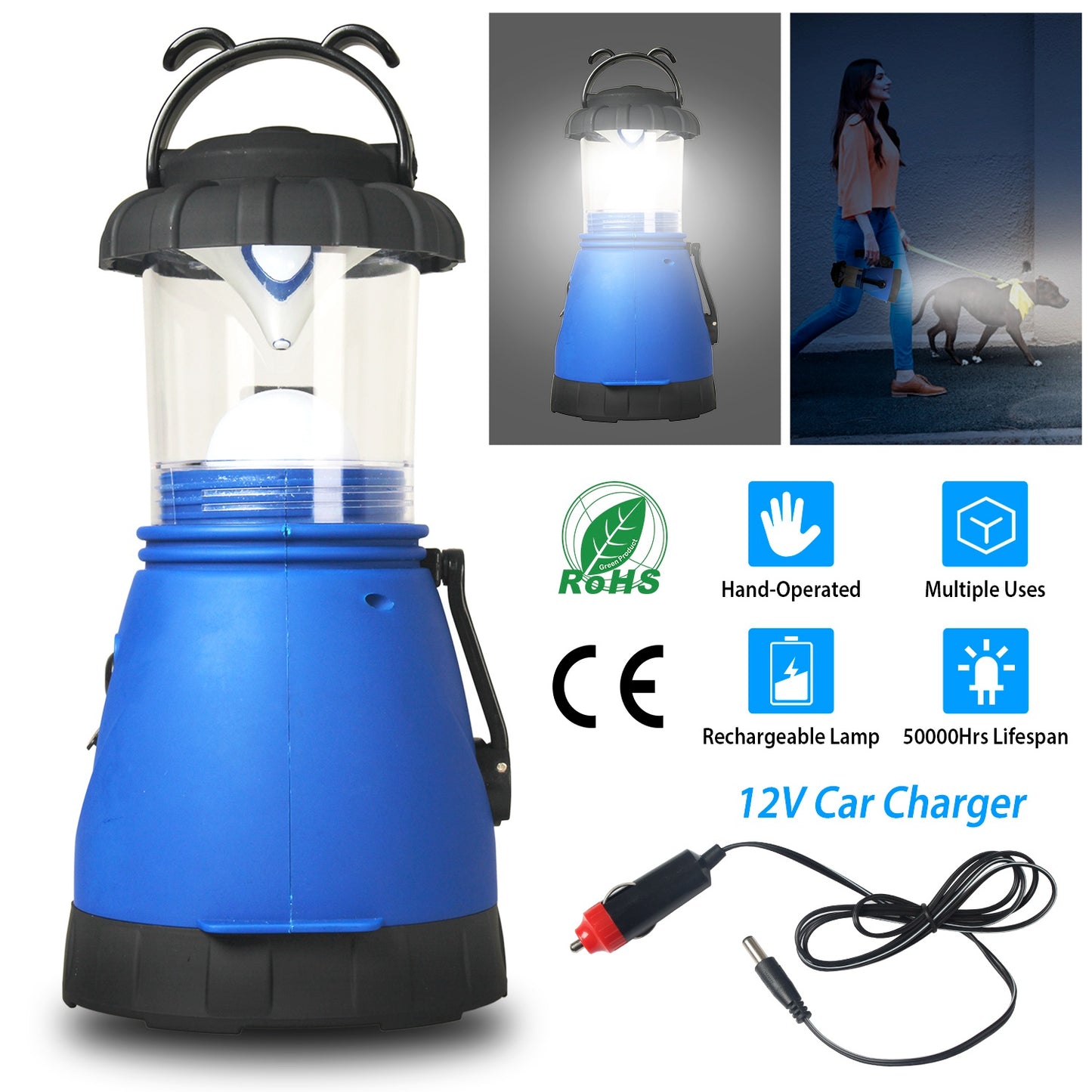 Camping Light Hand Crank Hiking Emergency Spotlight Lantern Lamps w/ Car Charger