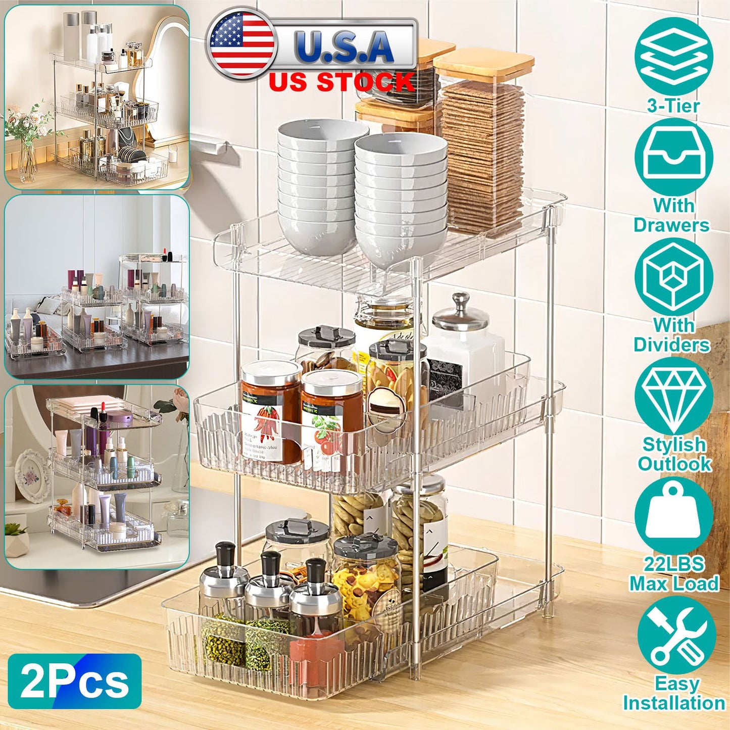 2 Packs 3 Tier Clear Bathroom Organizer with Drawers Dividers Pull-Out Pantry Organization Medicine Bins Slide-Out Storage Container Beauty Cabinet