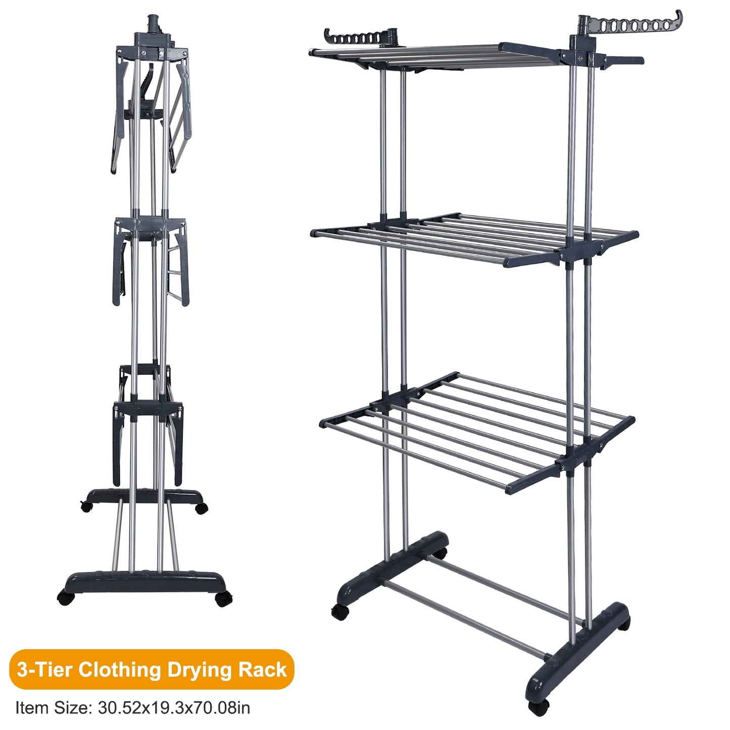 Clothes Drying Rack Rolling Collapsible Laundry Dryer Hanger Stand Rail ShelveWardrobe Clothing Drying Racks w/ Dual Side Wings