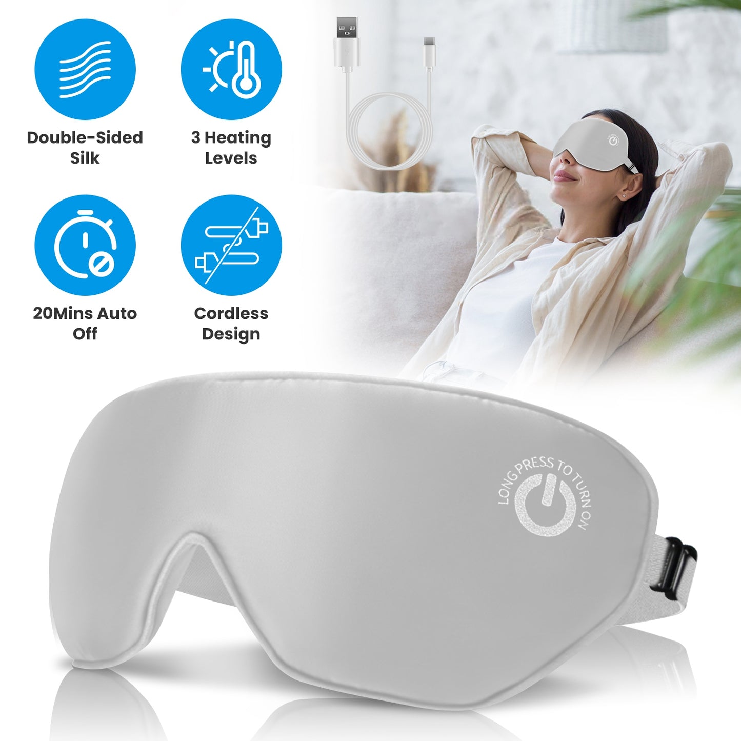 Cordless Heated Eye Mask Silk Sleep Eye Compress Mask For Dry Eyes Washable Type-C Electric Eye Heating Pad With 3 Temperature 20Mins Auto Off For Rel
