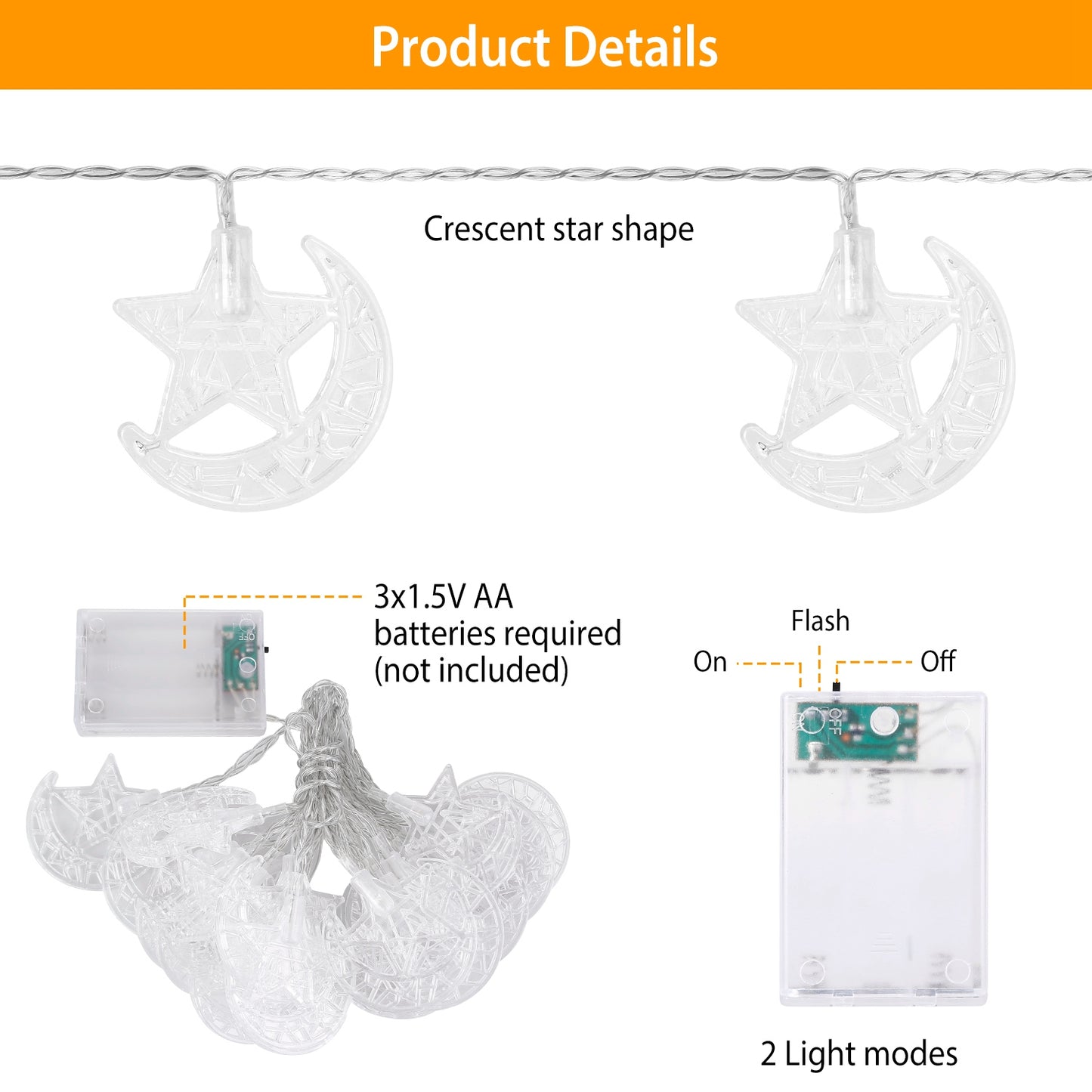 LED Star Moon IP43 Waterproof String Lights 2 Light Modes Battery Powered Decorative Light for Ramadan Christmas Wedding Party Home Patio Multi-color