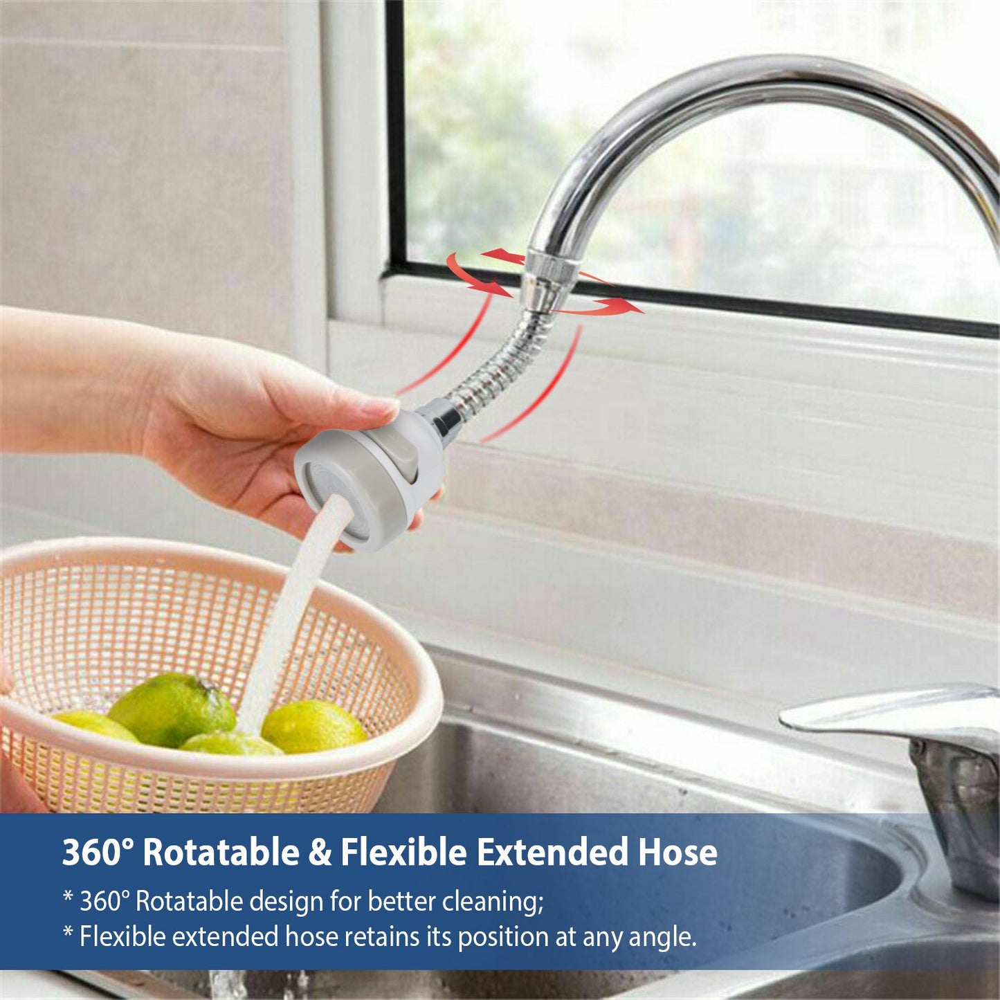 Movable Kitchen Tap Head 360¡ Rotatable Swivel Water-Saving Faucet Anti-Splash Sink Tap Head Spray Aerator w/ Three Modes Flexible Extended Hose For H