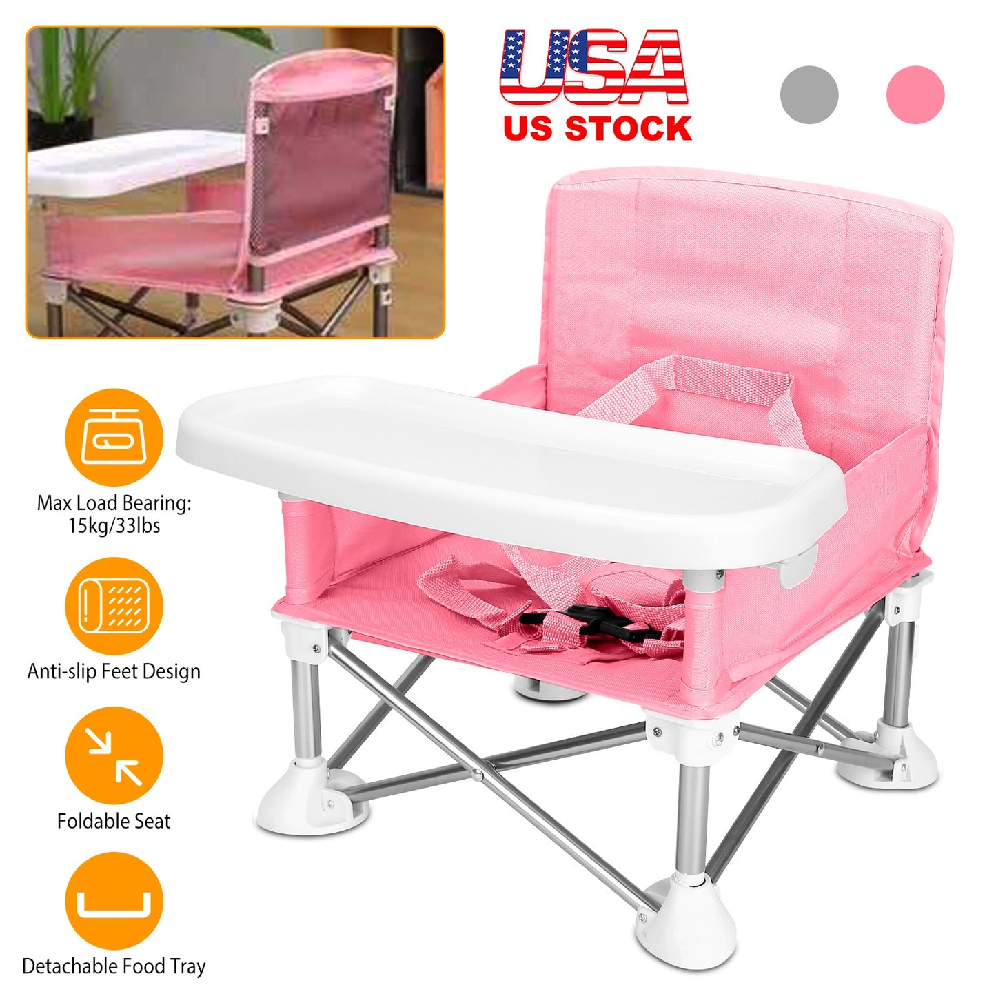 Travel Booster Seat Portable Baby Booster Chair w/ Detachable Tray Foldable Baby Chair Seat For Dining Camping Park Beach w/ Carry Bag