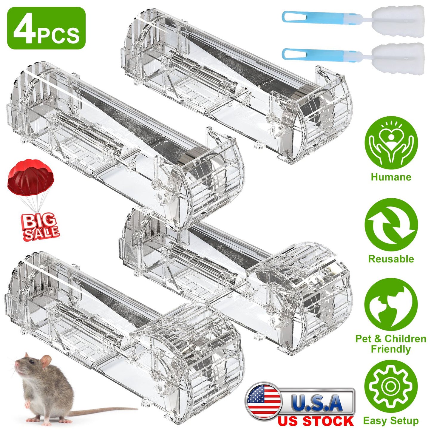 4Pcs Humane Live Mouse Trap Reusable Rat Rodent Trap Catch Release Cage Safe for Family Children Pets Easy Setup