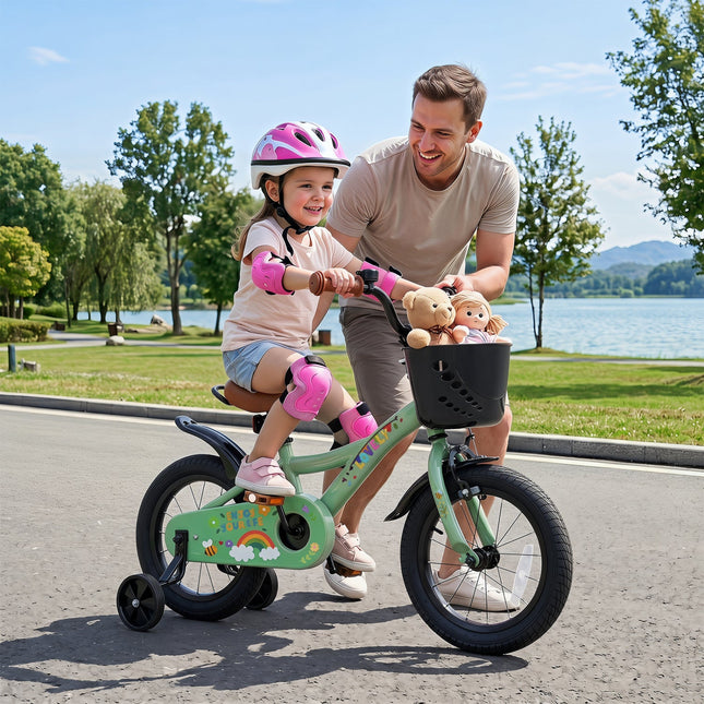 14 Inch Girls Bike with Training Wheels and Basket - Green