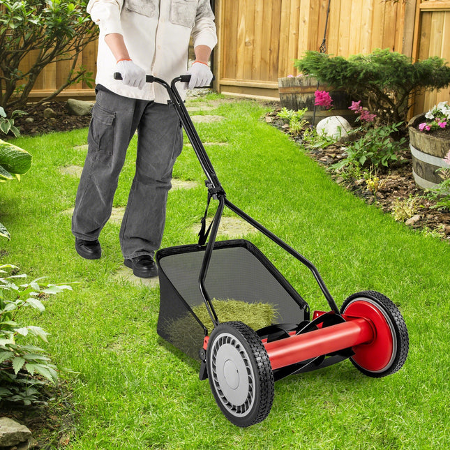 14 Inch Push Lawn Mower with 5 Steel Blades and Grass Catcher Bag