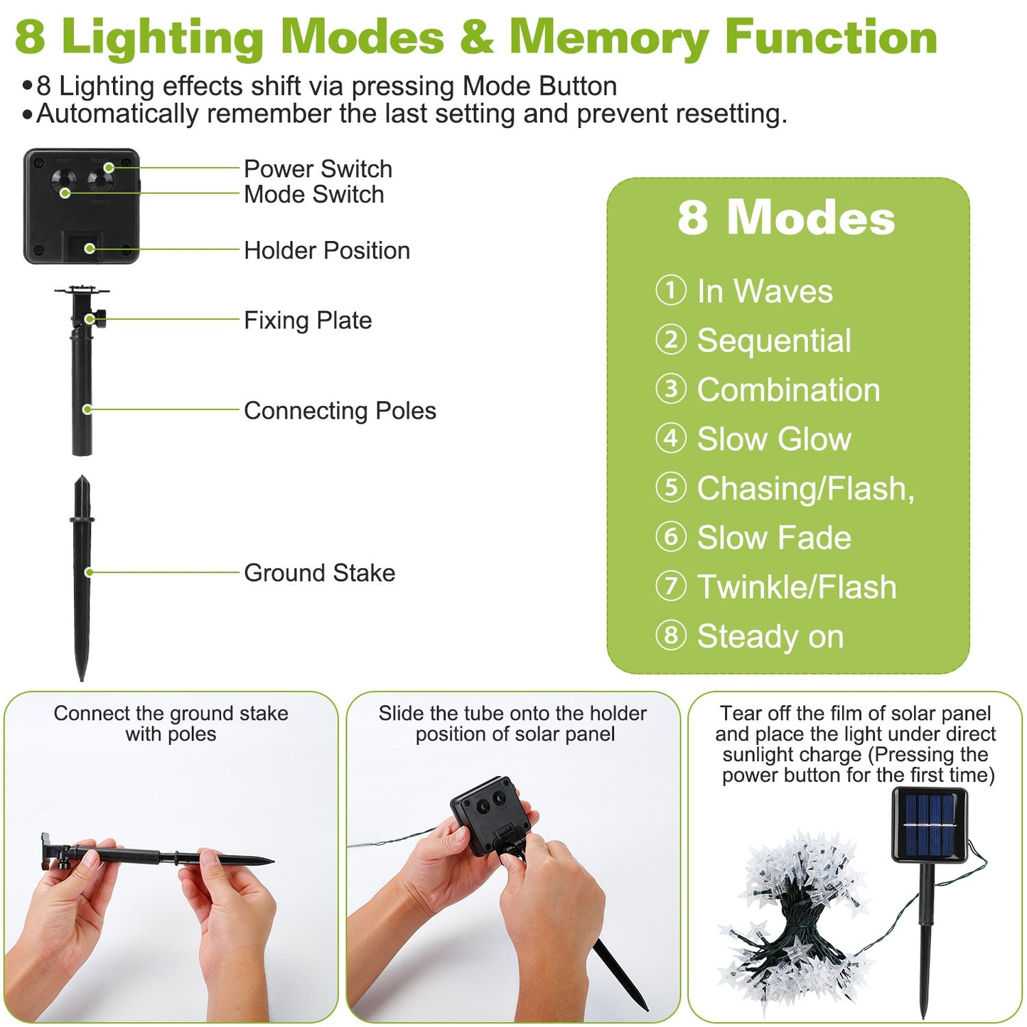 2Pcs Solar Powered String Lights 39.3FT 100LED Beads Fairy Star Lights IP65 Waterproof Decorative Garden Party Christmas Tree Stake Lamps w/ 8 Lightin