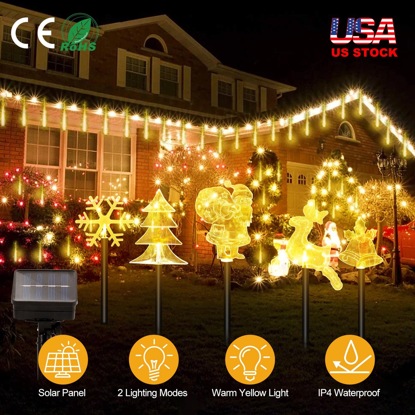 5Pcs Mixed Christmas Decoration Light Solar Stake Light Waterproof Reindeer Snowflake Bell Christmas Tree Santa Claus Light Outdoor Landscape Light