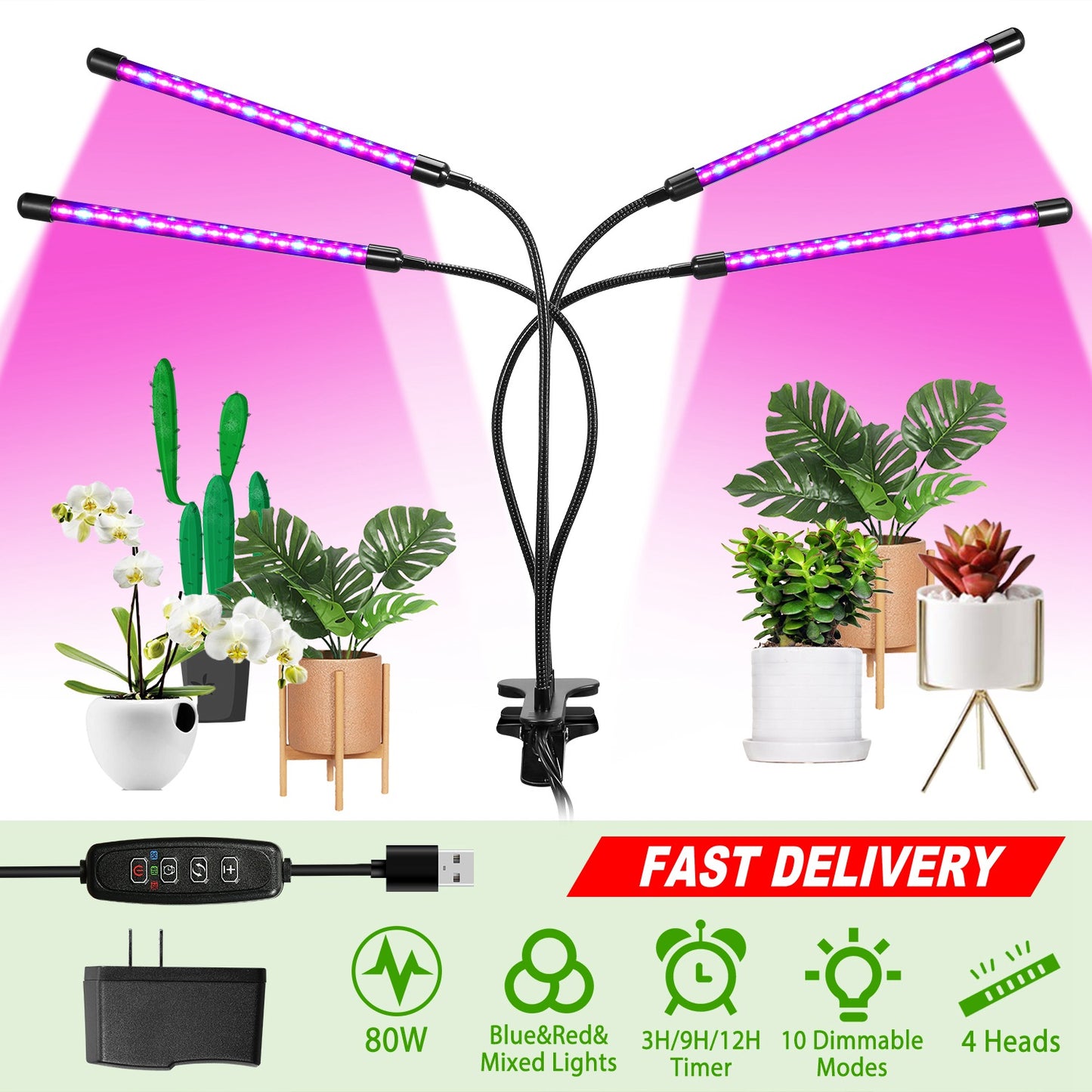 Grow Lights for Indoor Plants, iMounTEK 80W 80 LEDs Plant Lights with Red Blue Full Spectrum 10 Dimmable Level 360¡Adjustable Gooseneck 3/6/12H Timer