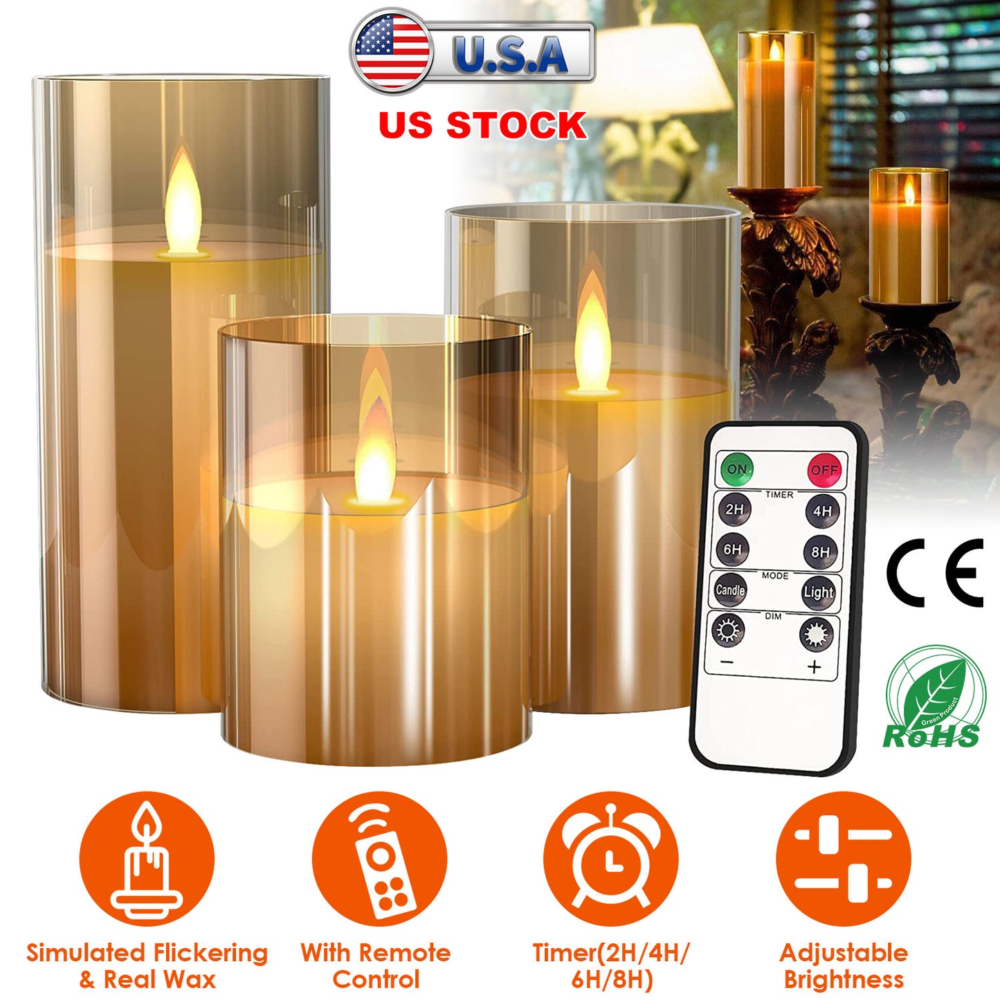 3Packs Flameless Candles Battery Operated Pillar Real Wax LED Glass Candle Warm White with Remote Control Timer