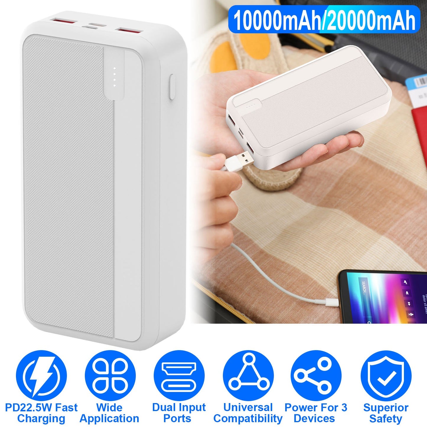 20000mAh PD22.5W Fast Charging Power Bank Fast Charger Portable Phone Charger with Type-C USB Cable Fit For IOS Phone 15/14 Samsung Galaxy S24 And Mor