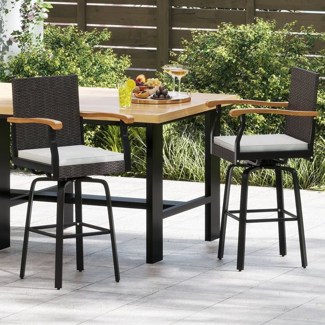 Set of 2 Outdoor 360¬∞ Swivel Bar Stool with Cushion and Acacia Wood Armrests