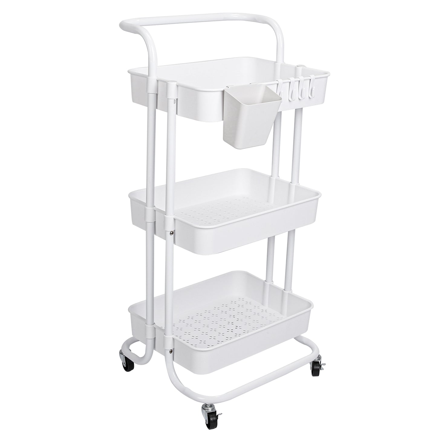 3 Tier Rolling Utility Cart Movable Storage Organizer with Mesh Baskets Lockable Wheels 360 Degree Rotatable Hanging Box Hooks Bedroom Bathroom Kitche