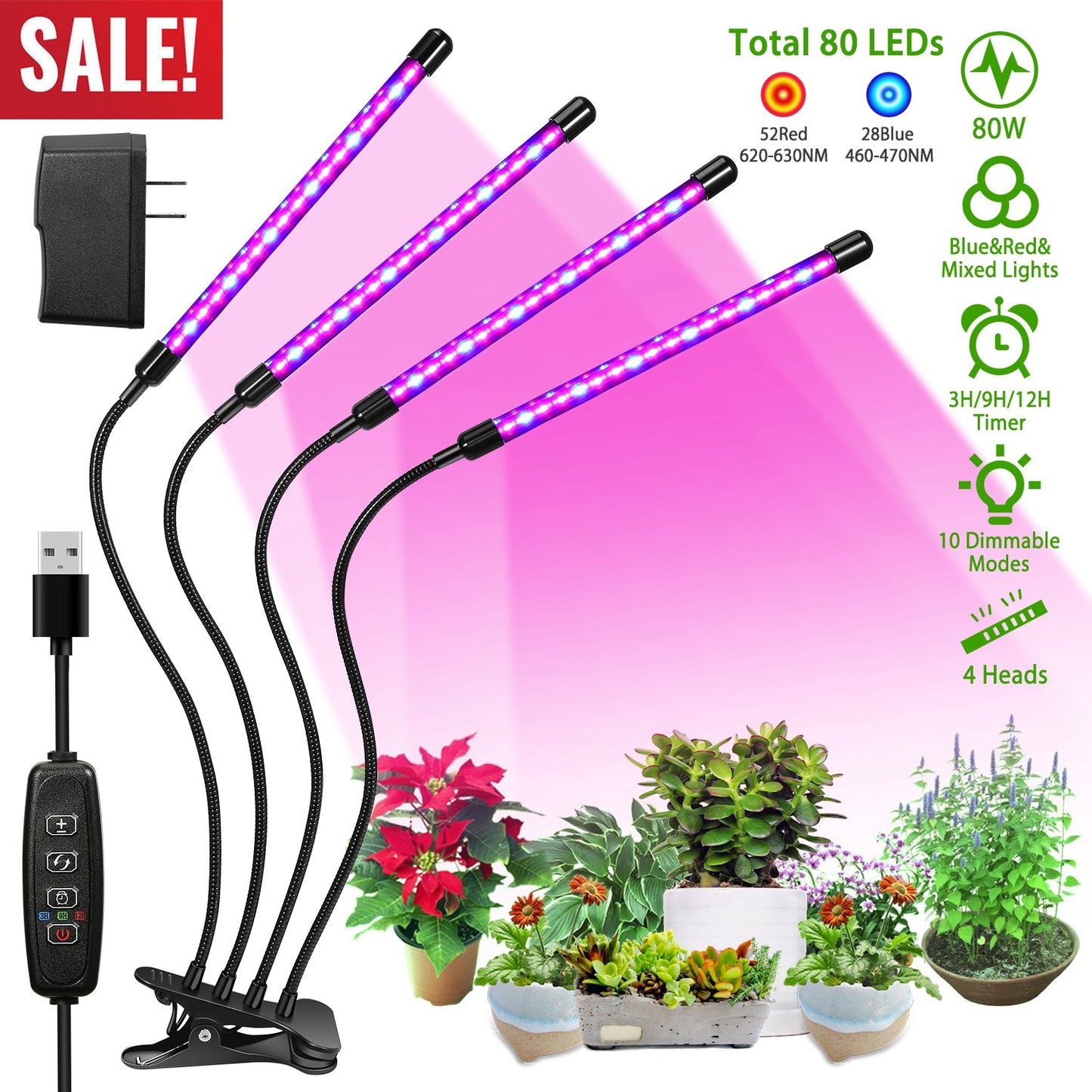 Grow Lights for Indoor Plants, iMounTEK 80W 80 LEDs Plant Lights with Red Blue Full Spectrum 10 Dimmable Level 360¡Adjustable Gooseneck 3/6/12H Timer