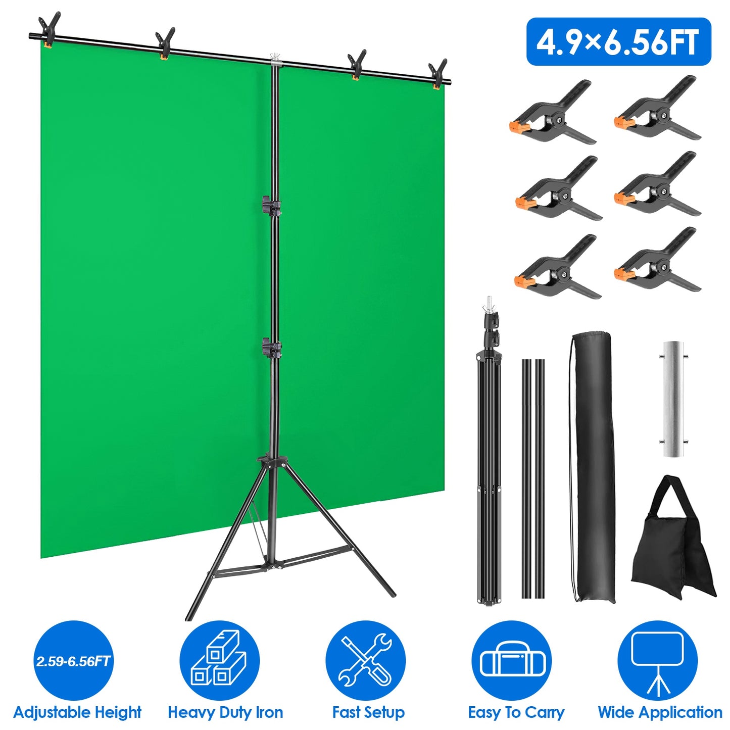 5 6.5FT T-Shape Photo Video Backdrop Stand Heavy Duty Background Stand Adjustable Photography Backdrop Stand with 6 Spring Clamps Sandbag Carry Bag fo